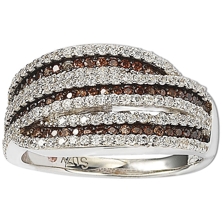 Suzy Levian Sterling Silver White and Brown Cubic Zirconia Intertwined Ring