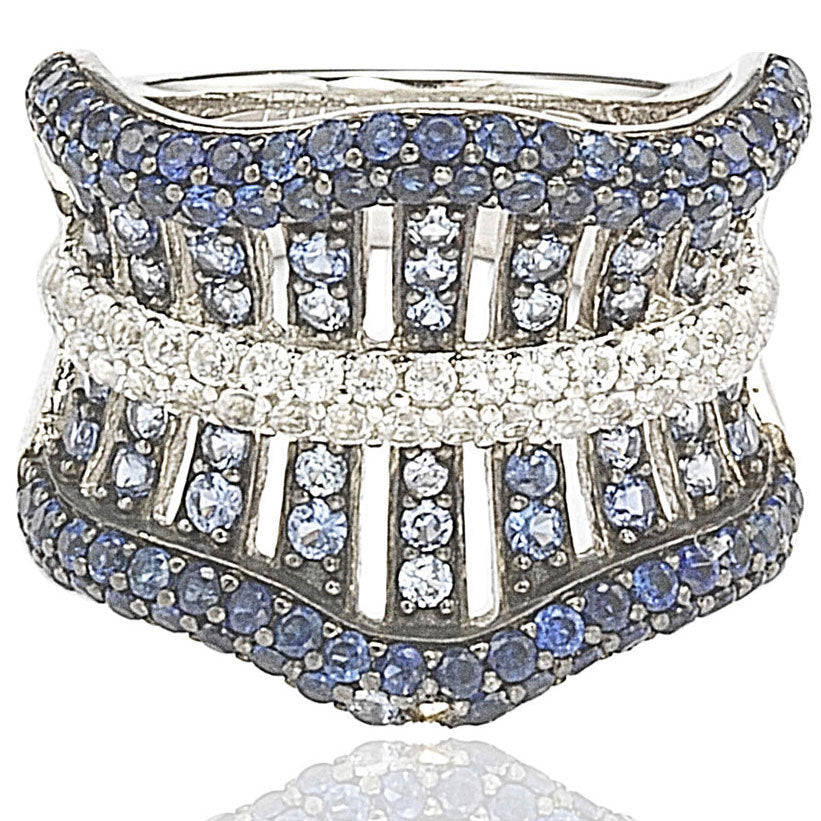 Suzy Levian Sterling Silver Sapphire and 6 Catt Diamond Crossing Ring