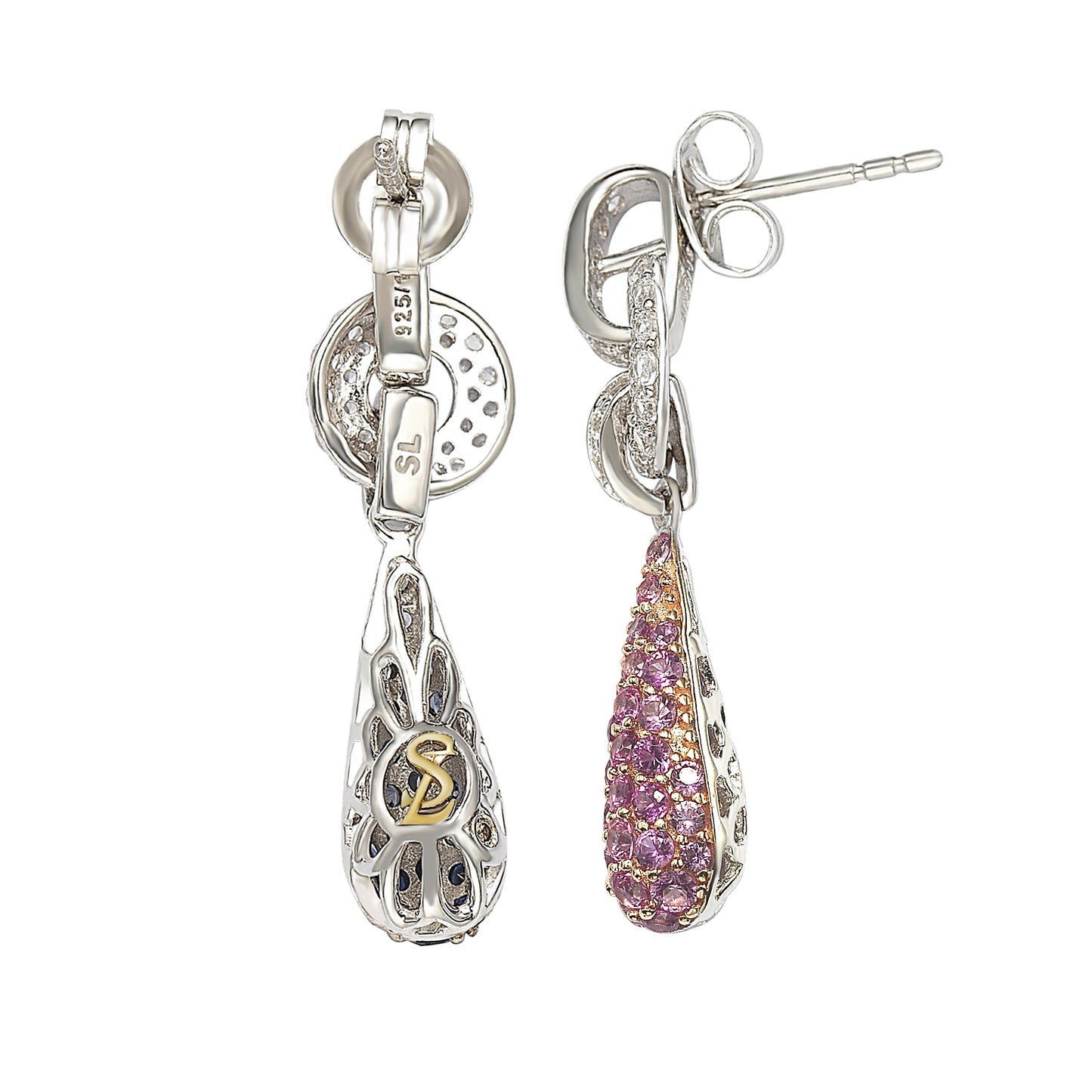 Suzy Levian Sterling Silver Pink Sapphire and Diamond Accent Tear Drop Dangle Earrings