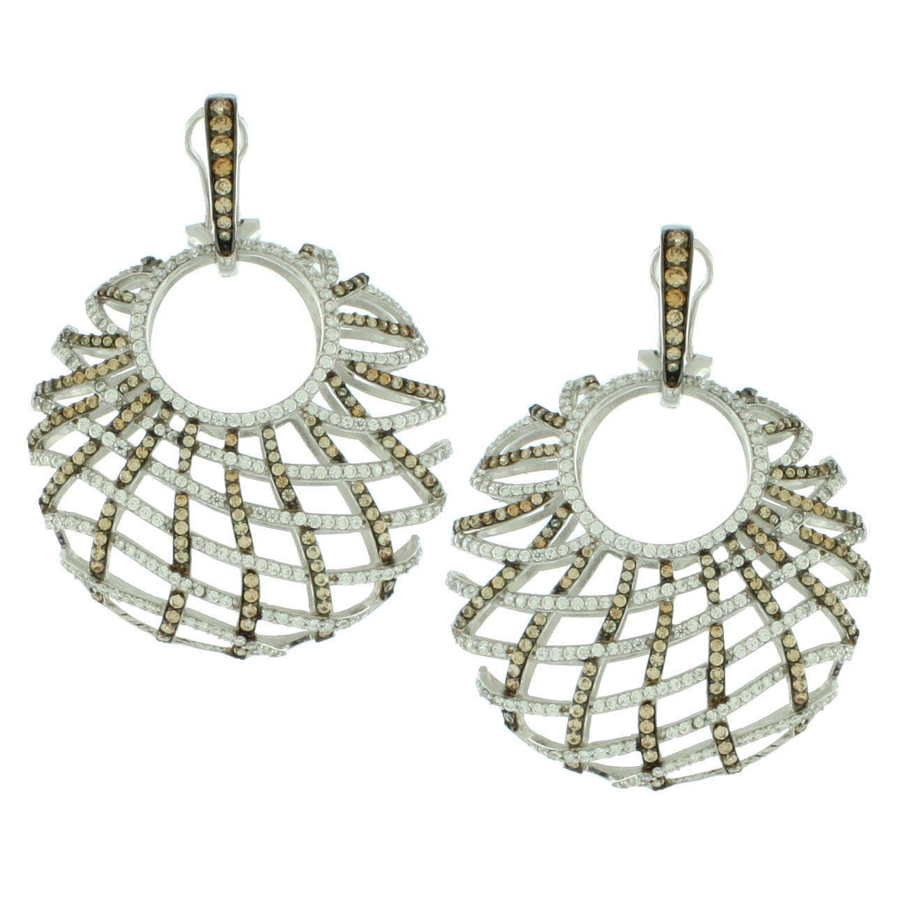Suzy Levian Sterling Silver White Cubic Zirconia Criss-cross Round Big Dangle Earrings