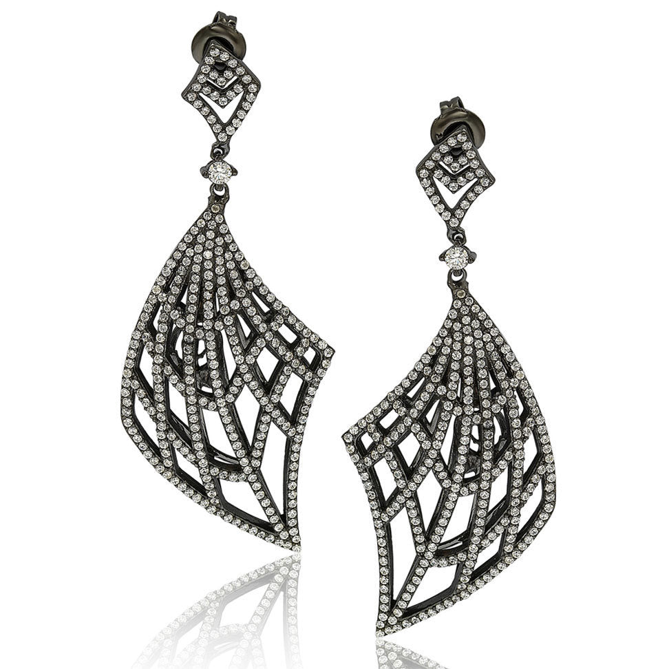 Suzy Levian Blackened Sterling Silver Cubic Zirconia Crossing Drop Earrings