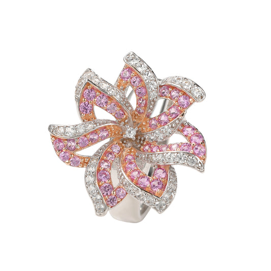 Suzy Levian Pink Sapphire and Diamond in Sterling Silver Flower Ring