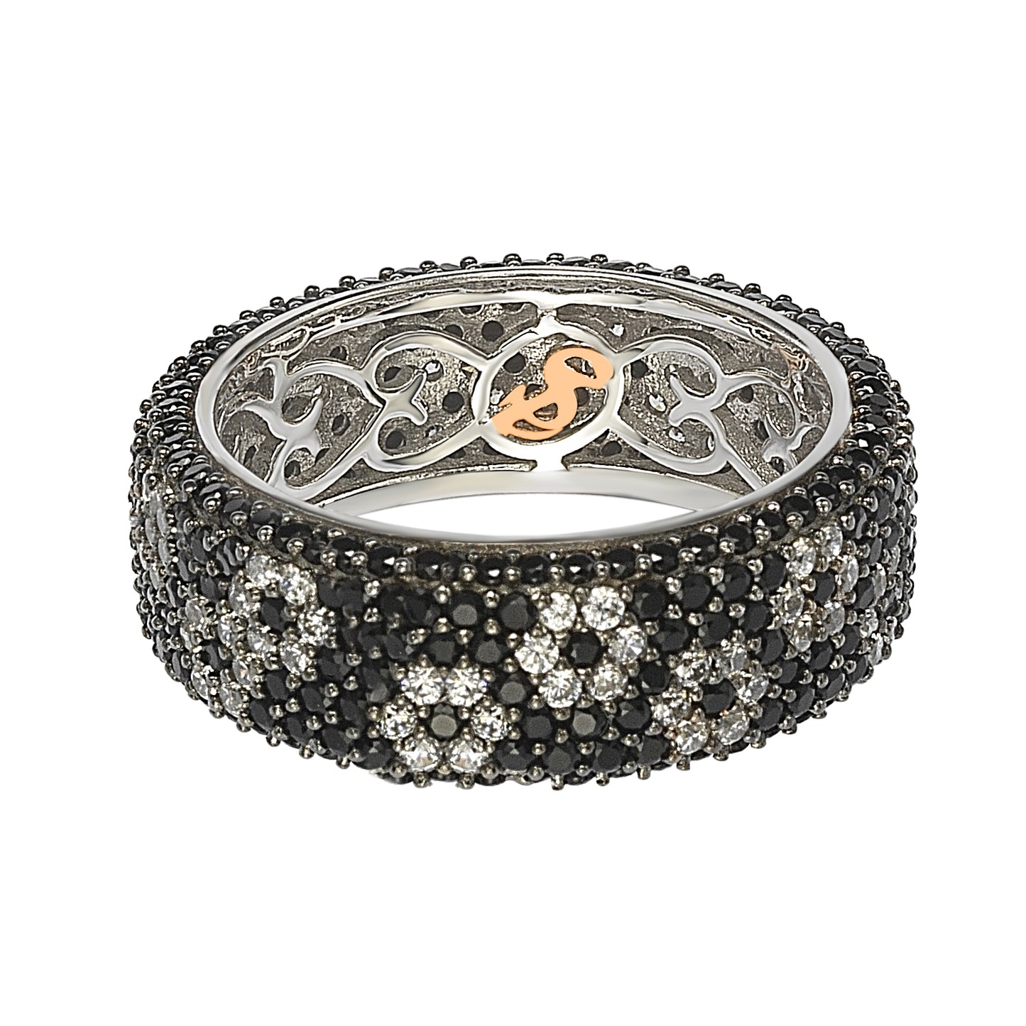 Suzy Levian Sterling Silver Cubic Zirconia White & Black Pave Flower Eternity Band Ring