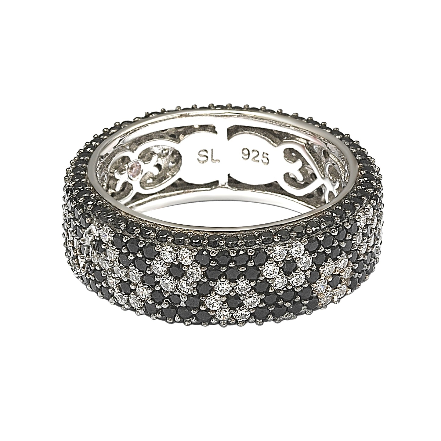 Suzy Levian Sterling Silver Cubic Zirconia White & Black Pave Flower Eternity Band Ring