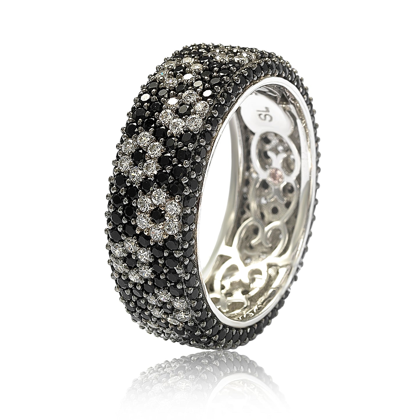 Suzy Levian Sterling Silver Cubic Zirconia White & Black Pave Flower Eternity Band Ring