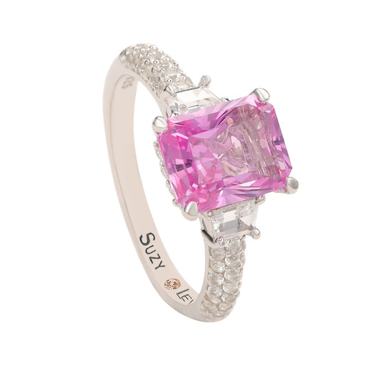 Suzy Levian Sterling Silver Pink Sapphire & Diamond Accent 3cttw Emerald Cut Bridal Ring