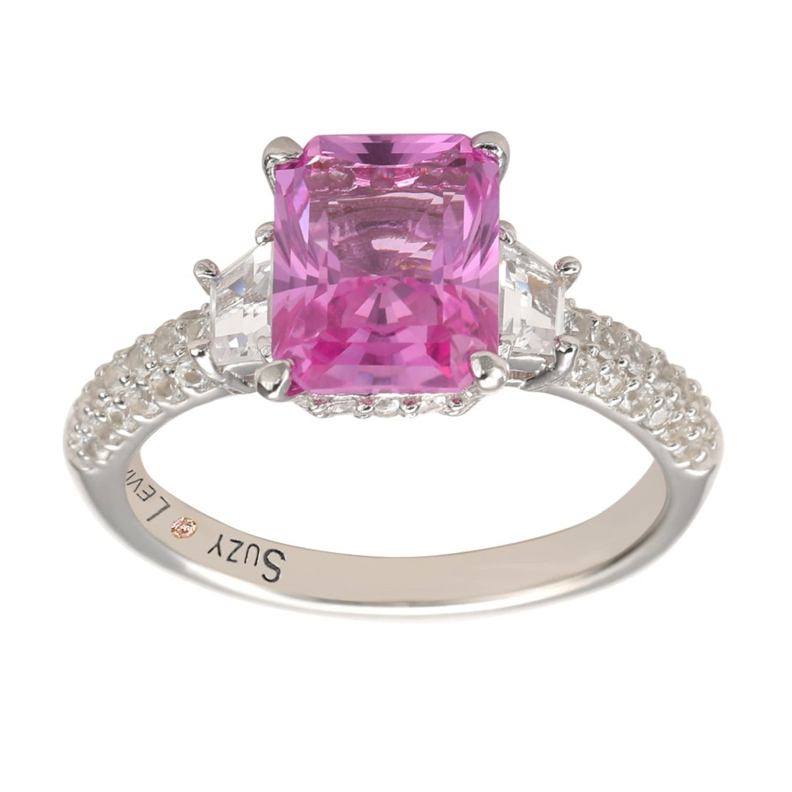 Suzy Levian Sterling Silver Pink Sapphire & Diamond Accent 3cttw Emerald Cut Bridal Ring