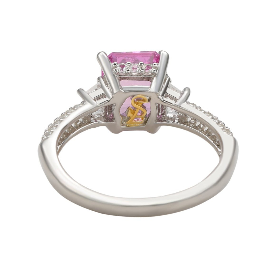 Suzy Levian Sterling Silver Pink Sapphire & Diamond Accent 3cttw Emerald Cut Bridal Ring