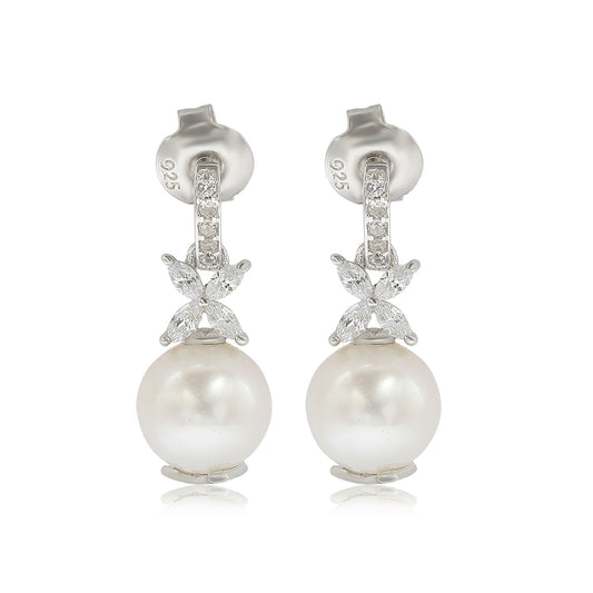 Suzy Levian Sterling Silver Pearl & White Sapphire Floral Earrings