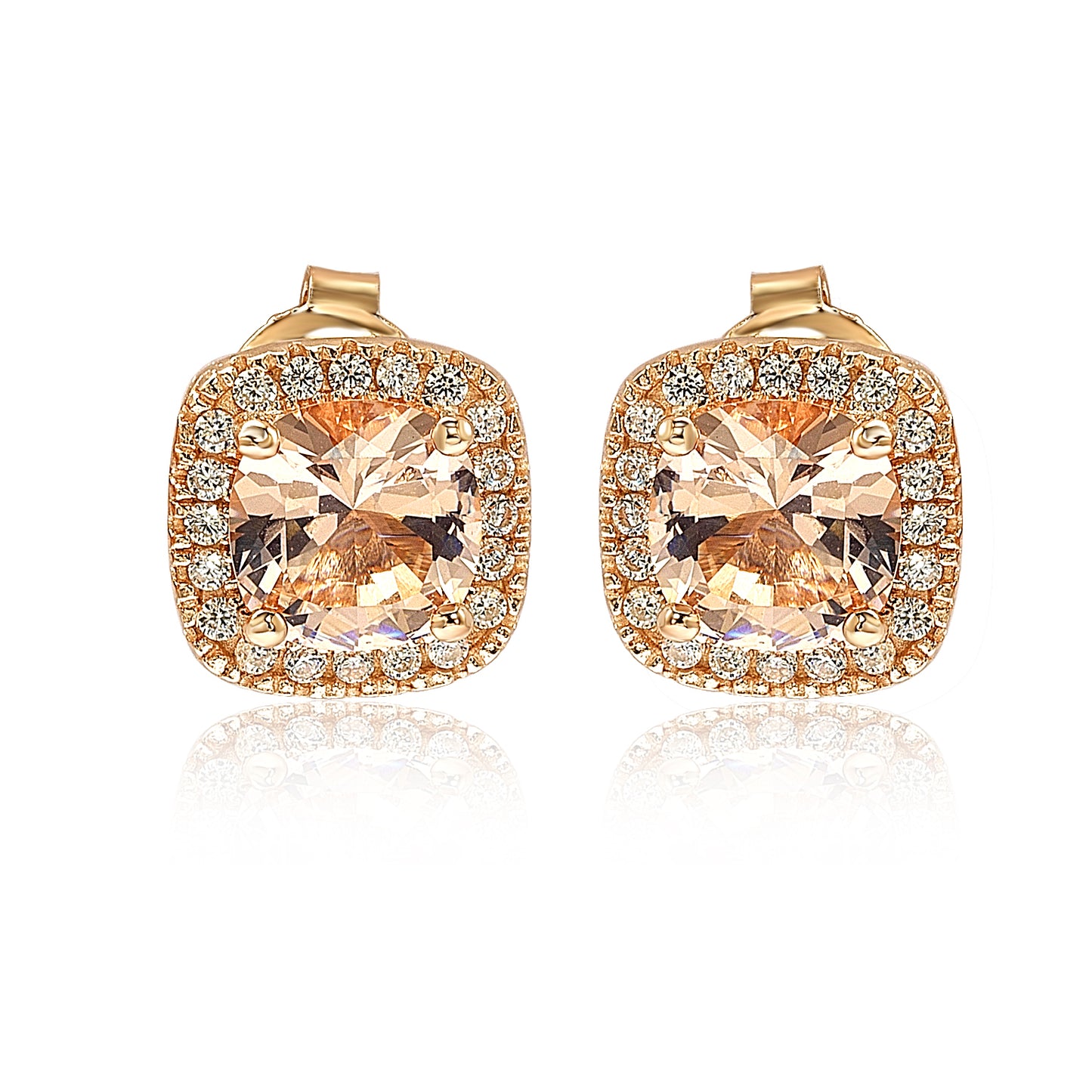 Suzy Levian Rose Sterling Silver Cushion Cut Morganite Cubic Zirconia Halo Studs - Pink