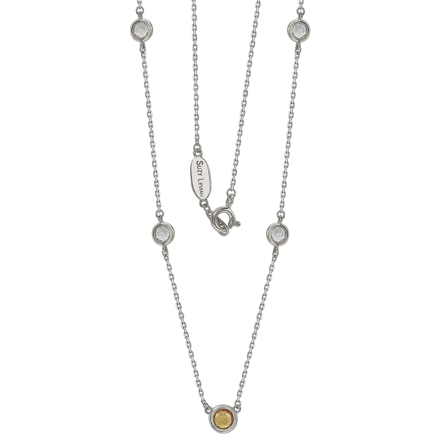 Suzy Levian Yellow Sapphire & Diamond Accent (1.50cttw) White Sterling Silver 5 Stone Station Necklace