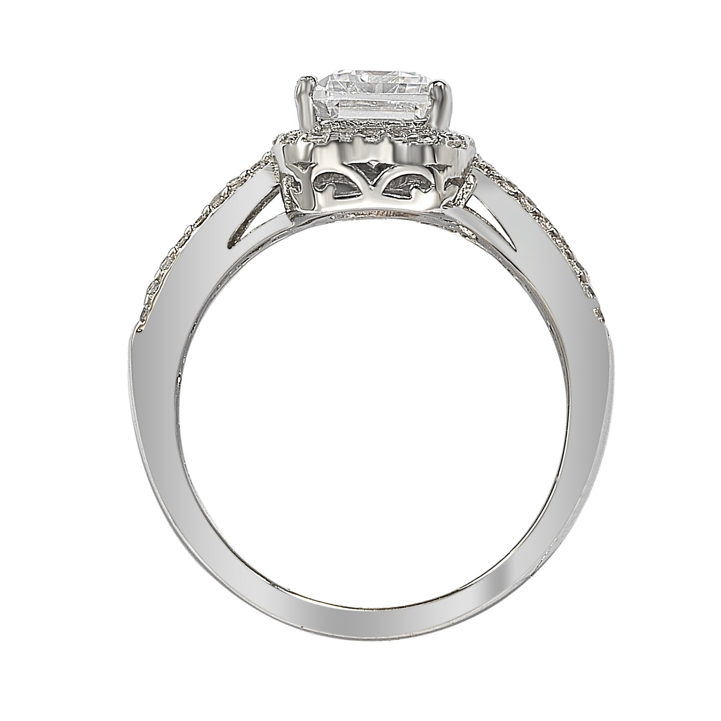Suzy Levian White Sterling Silver Emerald-Cut white Cubic Zirconia Halo Ring
