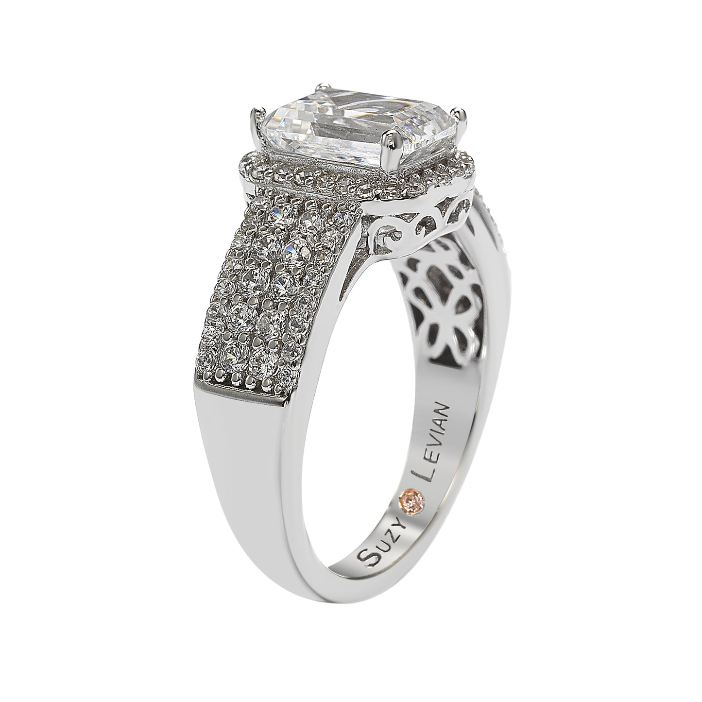 Suzy Levian White Sterling Silver Emerald-Cut white Cubic Zirconia Halo Ring