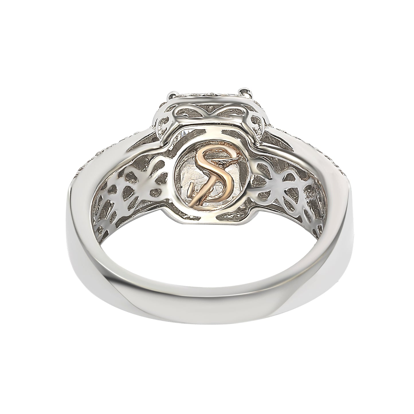 Suzy Levian White Sterling Silver Emerald-Cut white Cubic Zirconia Halo Ring