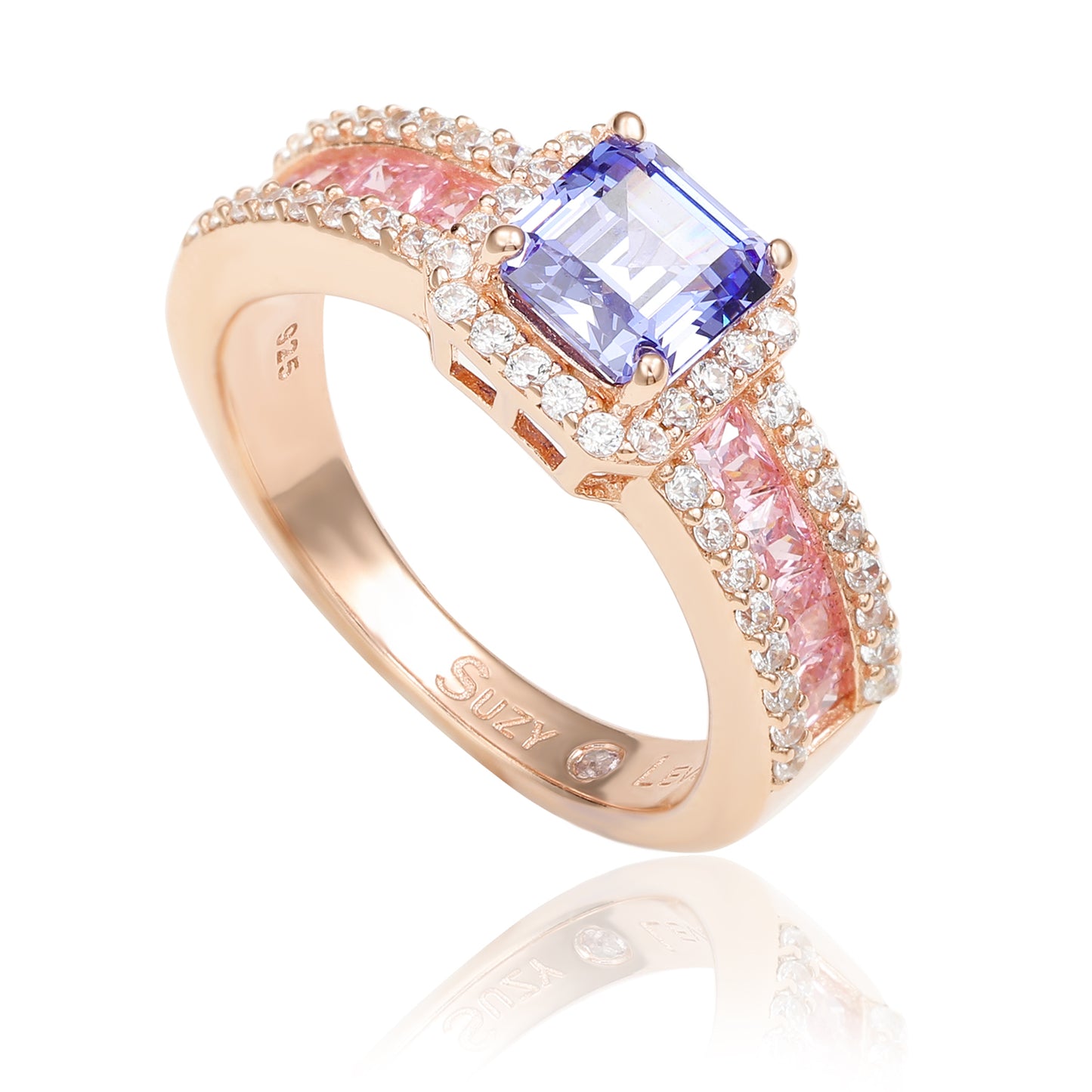 Suzy Levian Rose Gold Sterling Silver Blue Pink Cubic Zirconia Engagement Ring