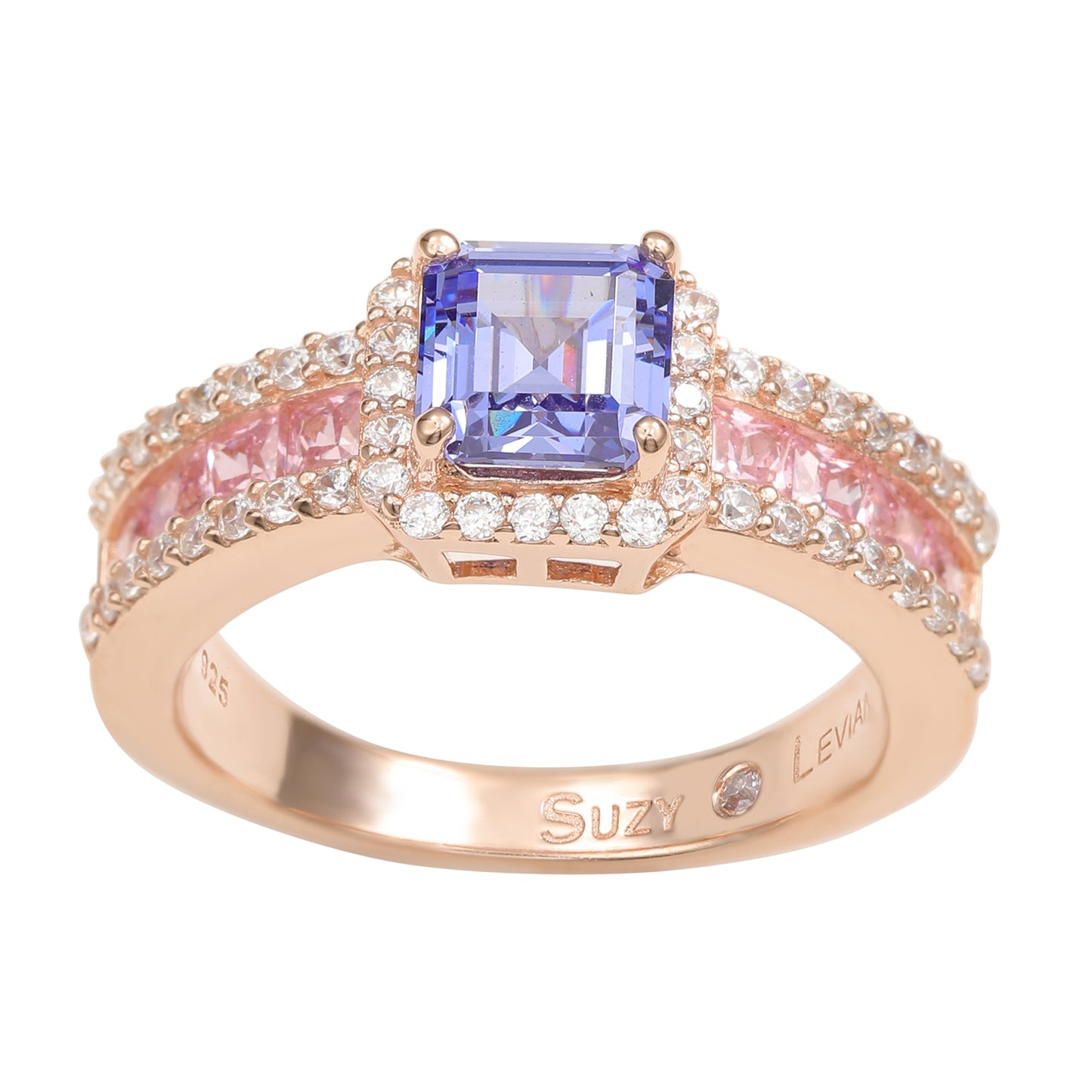 Suzy Levian Rose Gold Sterling Silver Blue Pink Cubic Zirconia Engagement Ring