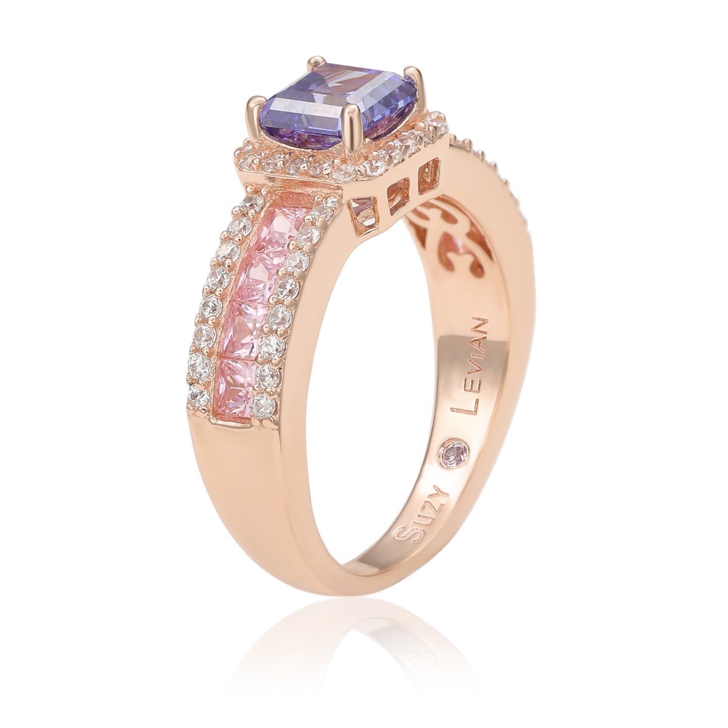 Suzy Levian Rose Gold Sterling Silver Blue Pink Cubic Zirconia Engagement Ring