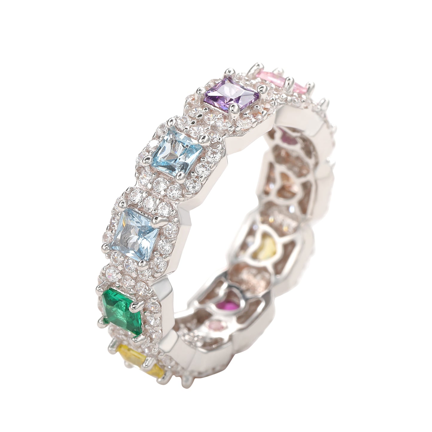 Suzy Levian Sterling Silver Rainbow Cubic Zirconia Princess Cut Eternity Band