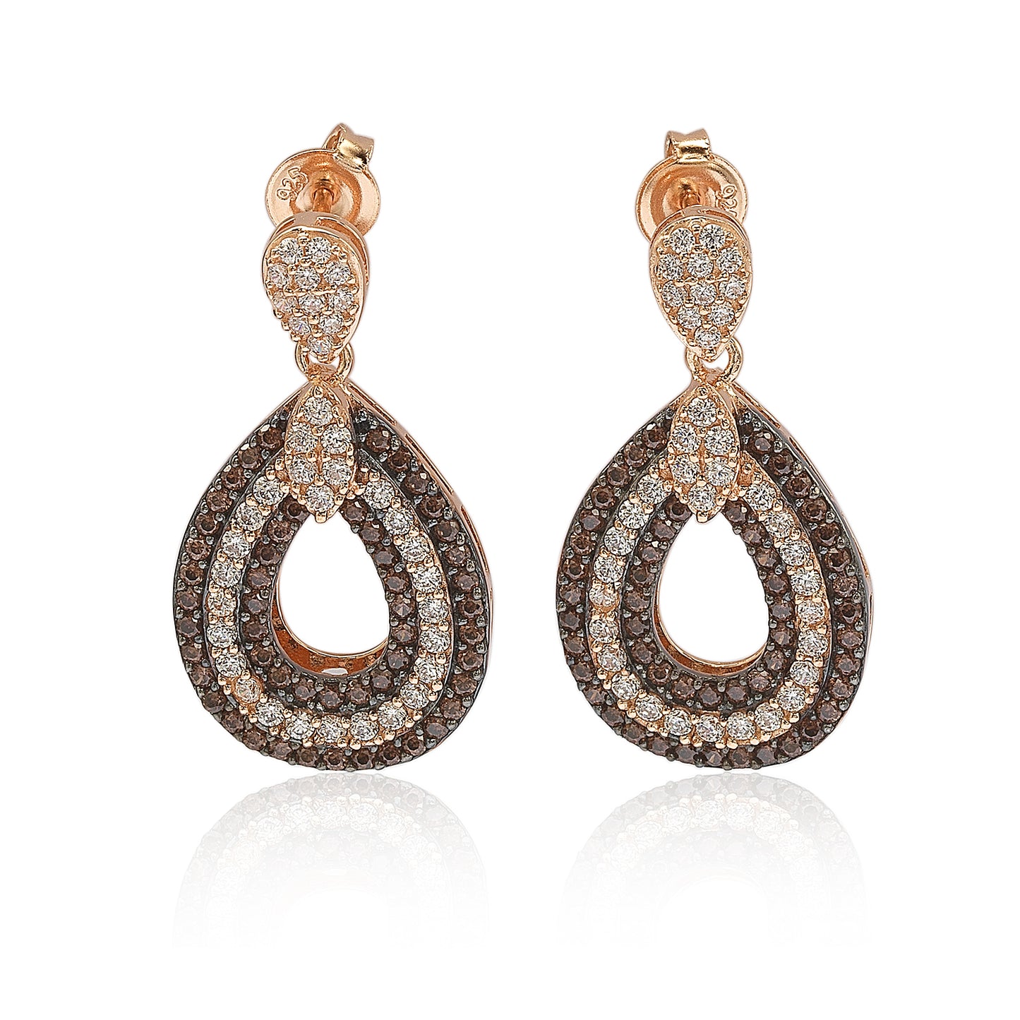 Suzy Levian Rose Sterling Silver Brown & White Cubic Zirconia Teardrop Dangle Earrings