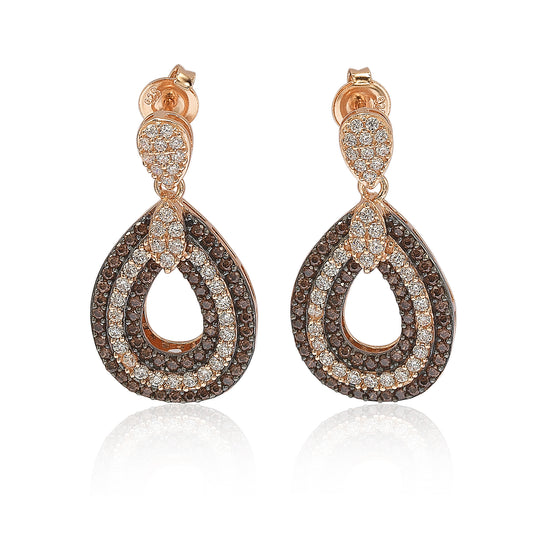 Suzy Levian Rose Sterling Silver Brown & White Cubic Zirconia Teardrop Dangle Earrings