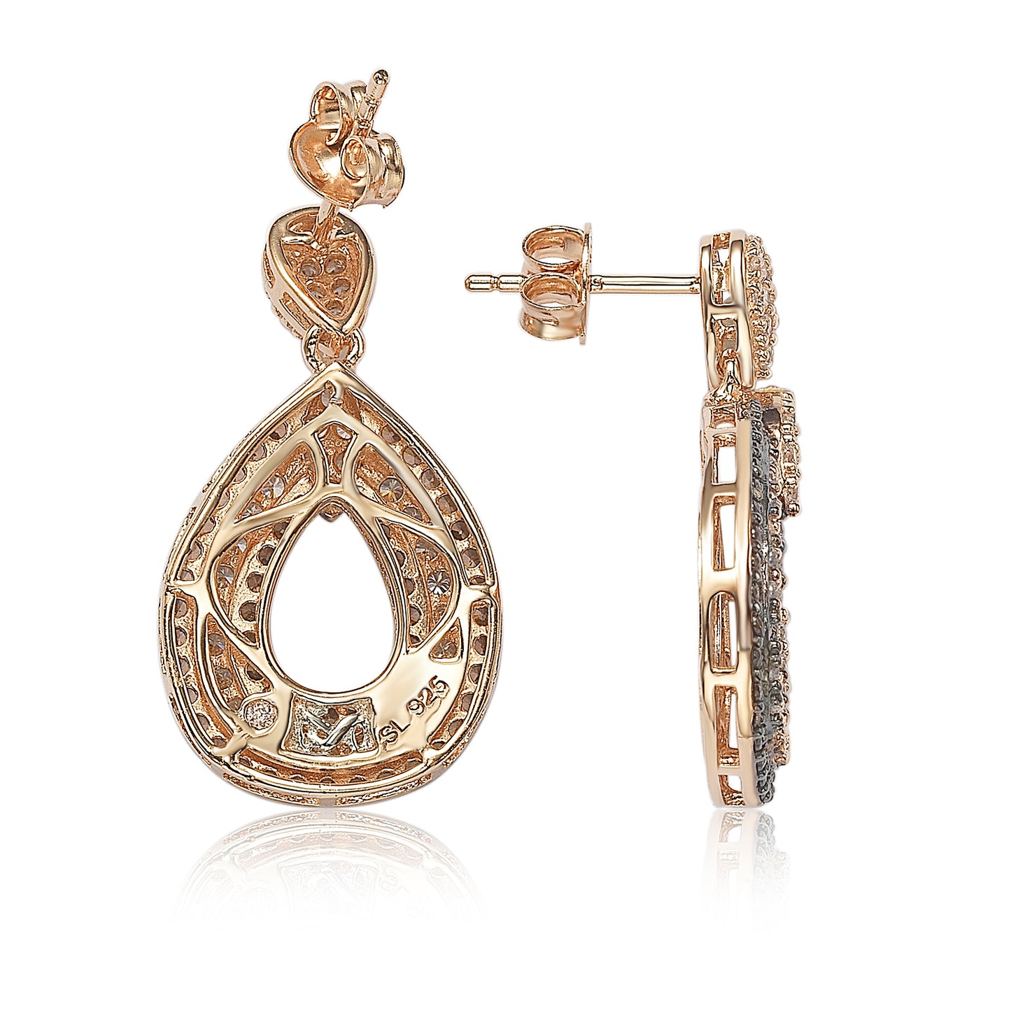 Suzy Levian Rose Sterling Silver Brown & White Cubic Zirconia Teardrop Dangle Earrings