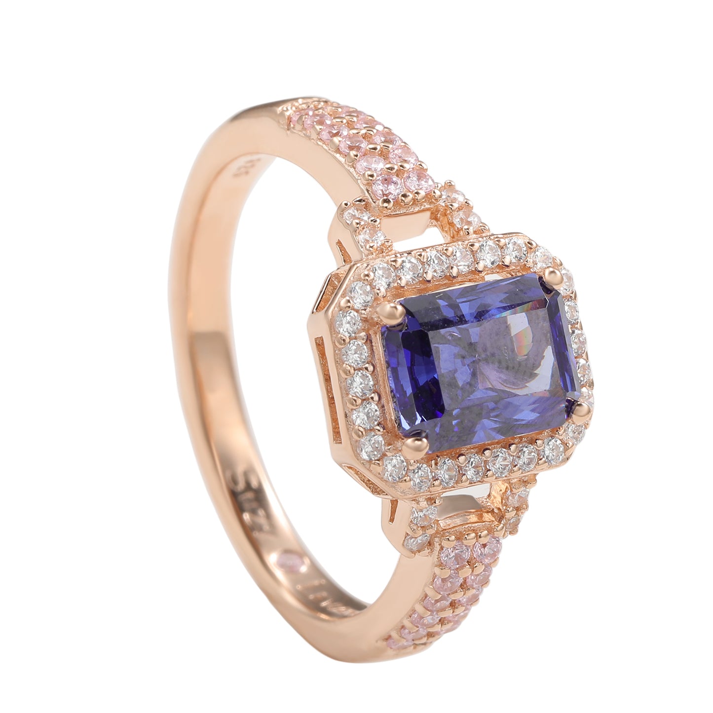 Suzy Levian Rose Sterling Silver Emerald-Cut Blue Pink Cubic Zirconia Halo Ring