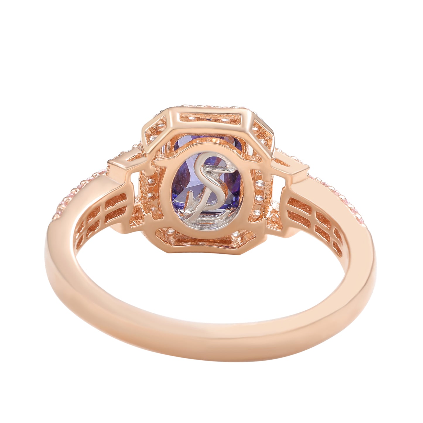 Suzy Levian Rose Sterling Silver Emerald-Cut Blue Pink Cubic Zirconia Halo Ring