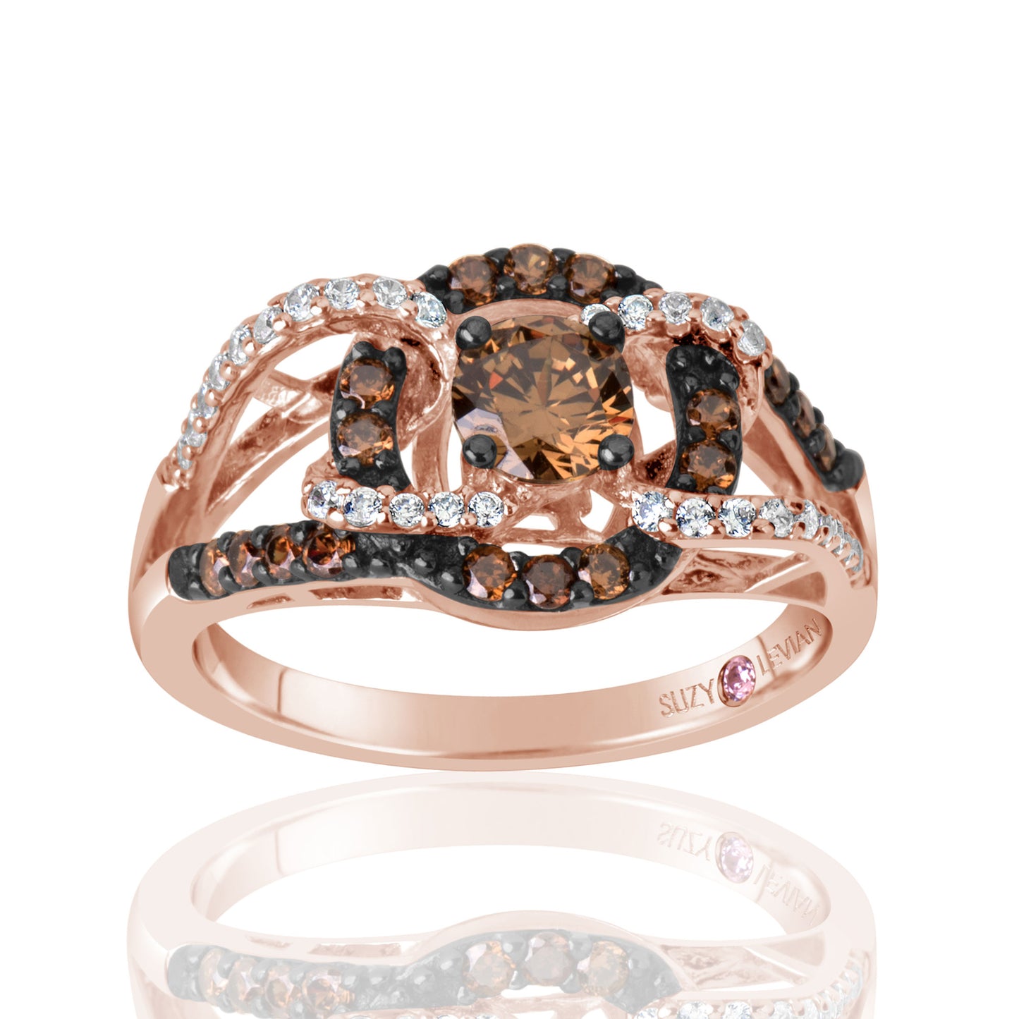 Suzy Levian Rose Sterling Silver Brown Cubic Zirconia Crossing Ring