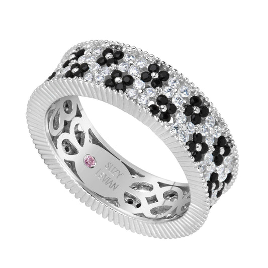 Suzy Levian Sterling Silver Black and White Cubic Zirconia Floral Eternity Band