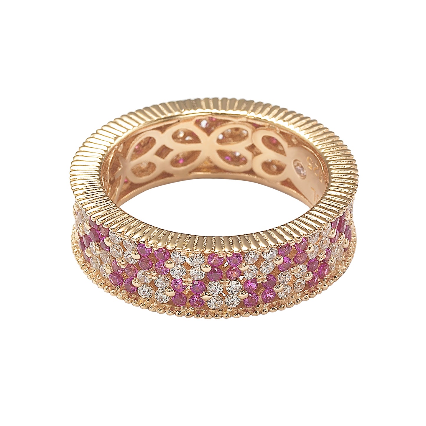 Suzy Levian Rose Sterling Silver Ruby and White Cubic Zirconia Floral Eternity Band