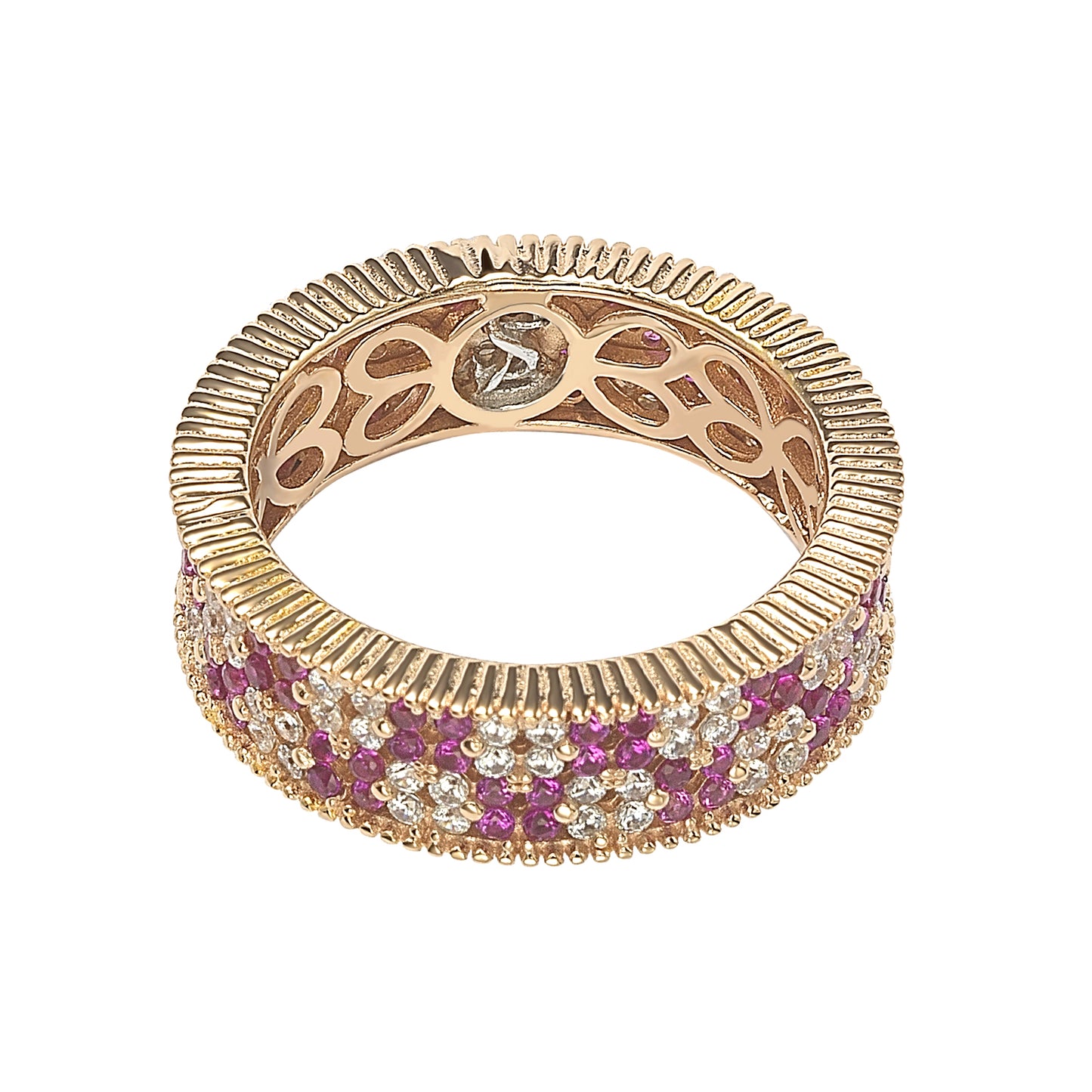 Suzy Levian Rose Sterling Silver Ruby and White Cubic Zirconia Floral Eternity Band