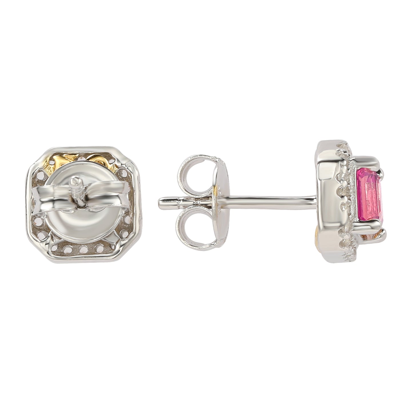 Suzy Levian Sterling Silver AscherCut Pink Sapphire Halo Stud Earrings