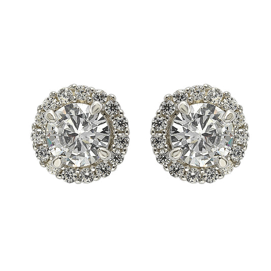 Suzy Levian Sterling Silver White Cubic Zirconia Round-Cut Halo Stud Earrings