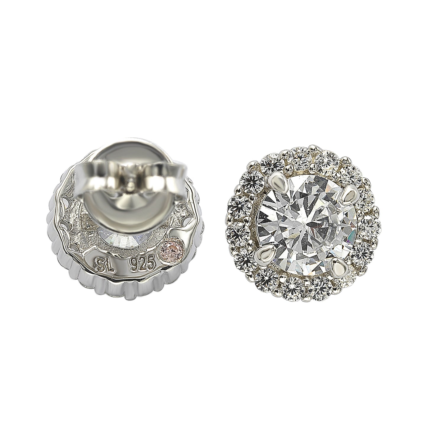 Suzy Levian Sterling Silver White Cubic Zirconia Round-Cut Halo Stud Earrings