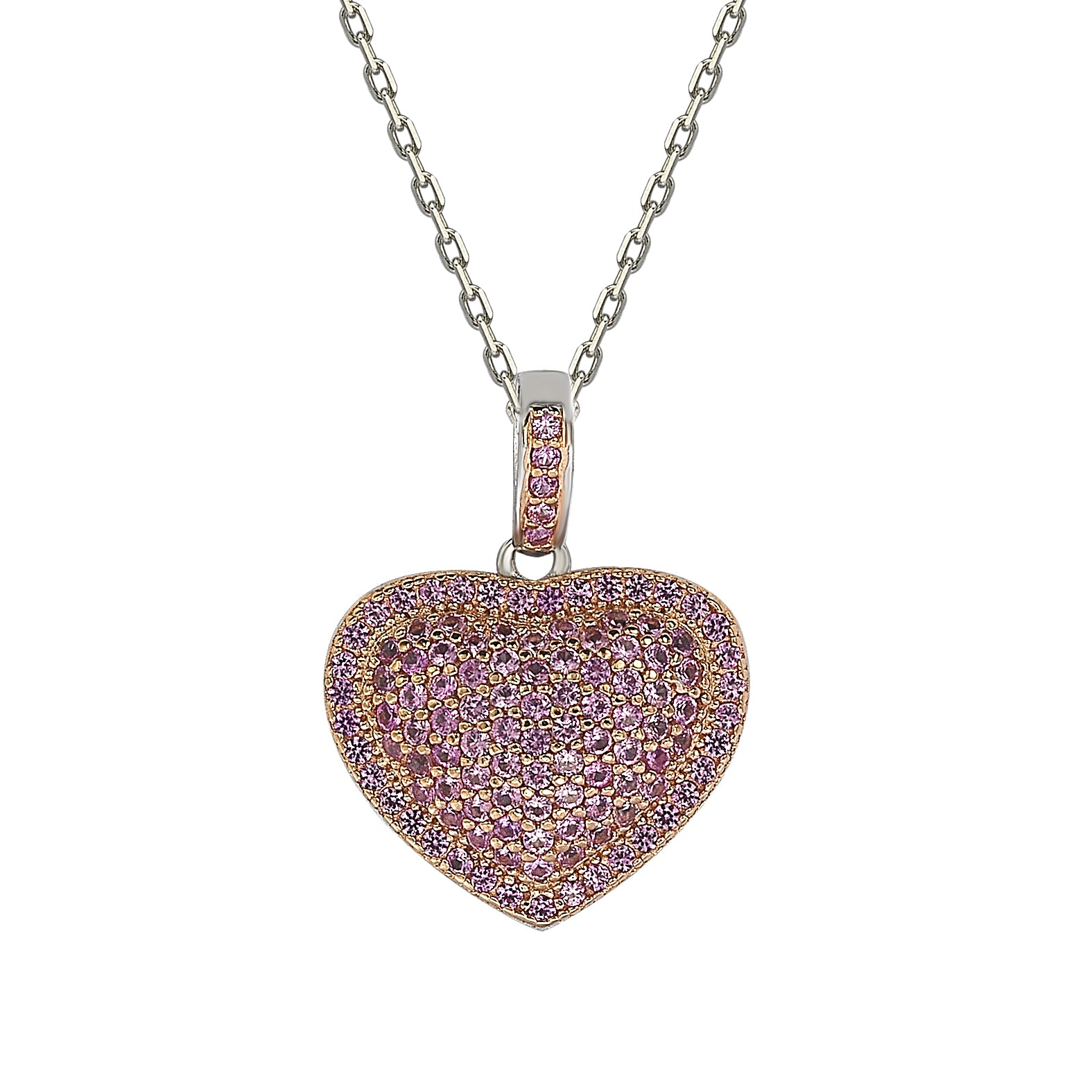 Suzy Levian Pink Sapphire Rose Sterling Silver Pave Heart Pendant