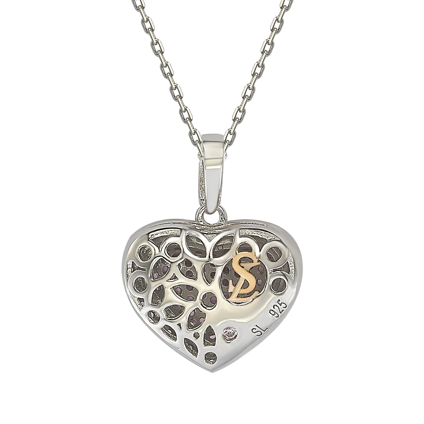 Suzy Levian Pink Sapphire Rose Sterling Silver Pave Heart Pendant