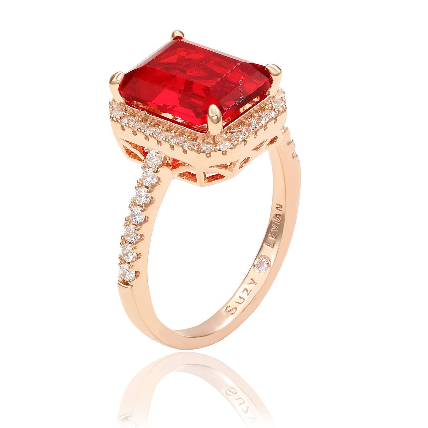Suzy Levian Rose Sterling Silver Large Emerald-Cut Red and White Cubic Zirconia Halo Ring