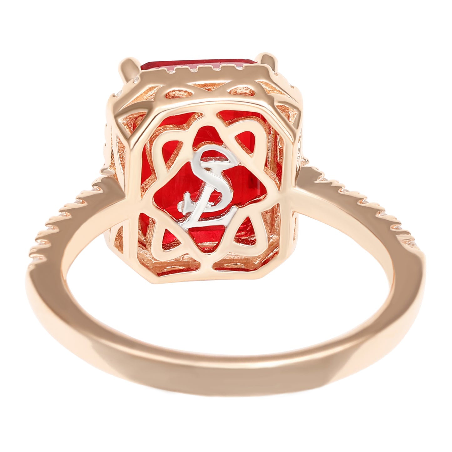 Suzy Levian Rose Sterling Silver Large Emerald-Cut Red and White Cubic Zirconia Halo Ring