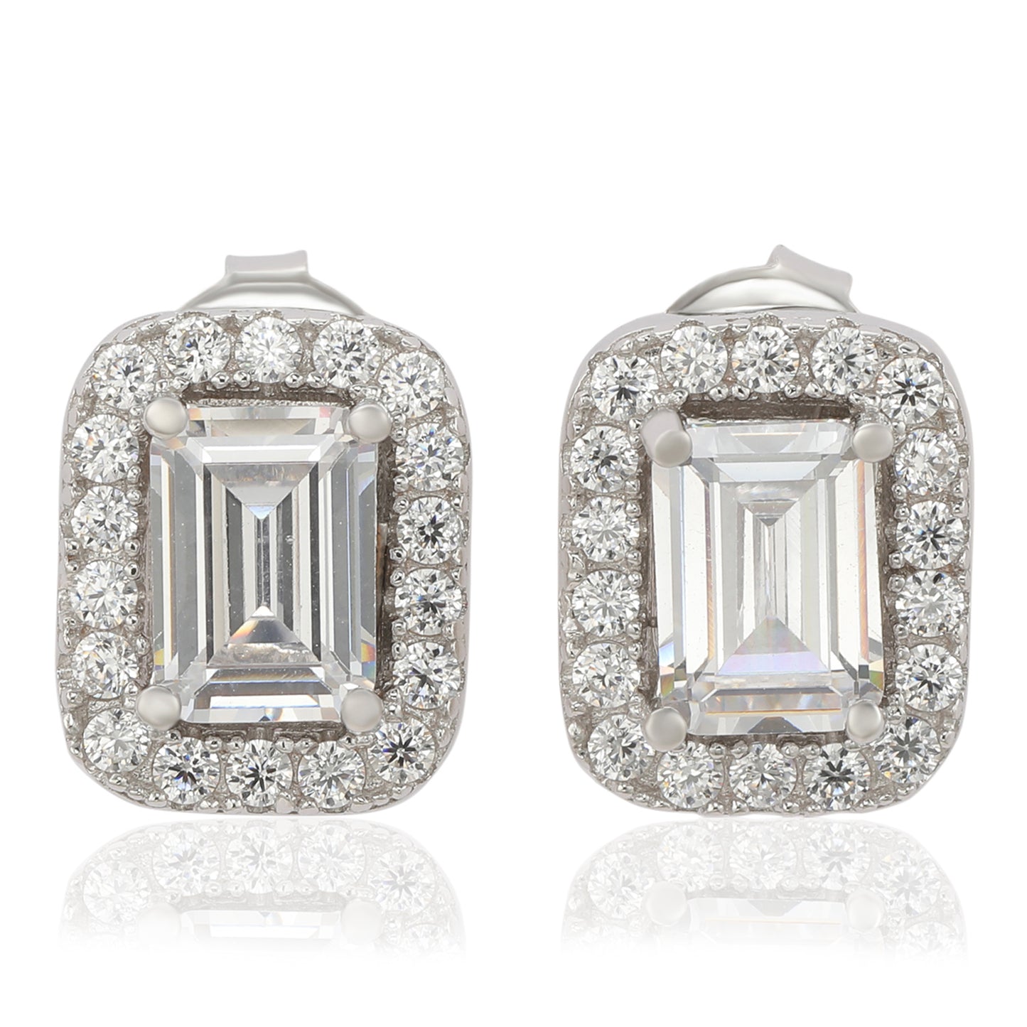 Suzy Levian Sterling Silver Cubic Zirconia Emerald Cut Halo Stud Earrings