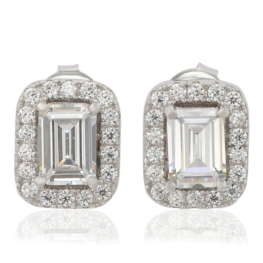Suzy Levian Sterling Silver Cubic Zirconia Emerald Cut Halo Stud Earrings