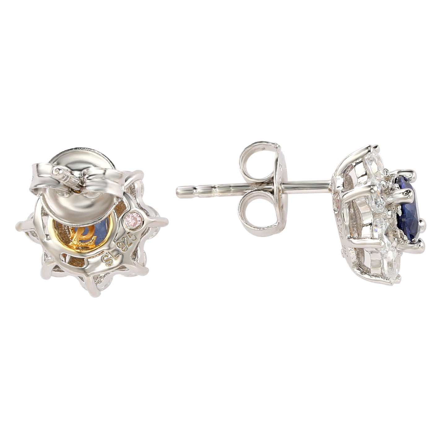 Suzy Levian Sterling Silver Blue Sapphire Flower Halo Stud Earrings