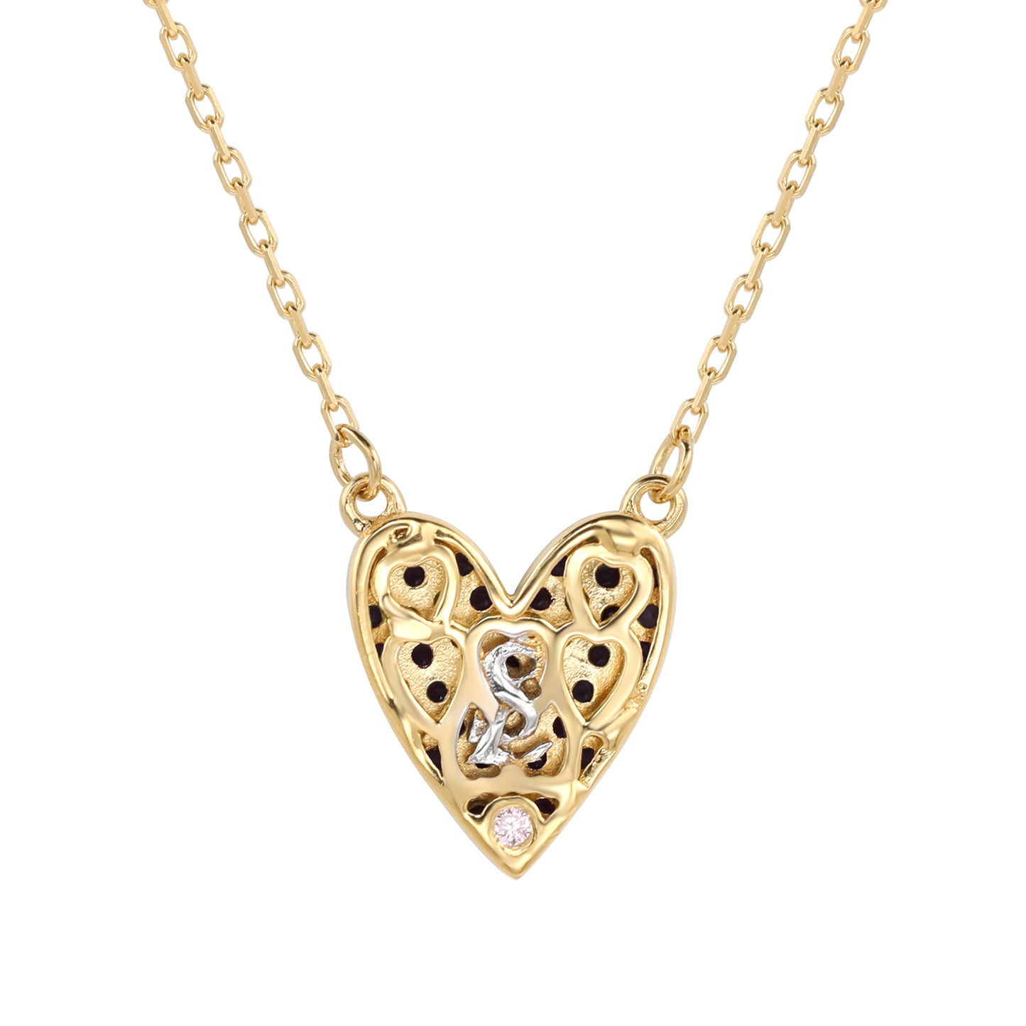 Suzy Levian Black Cubic Zirconia Golden Sterling Silver Heart Necklace