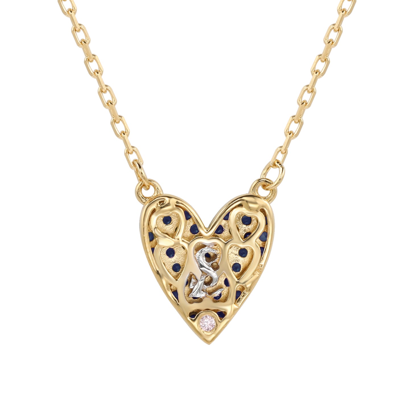 Suzy Levian Blue Cubic Zirconia Golden Sterling Silver Heart Necklace