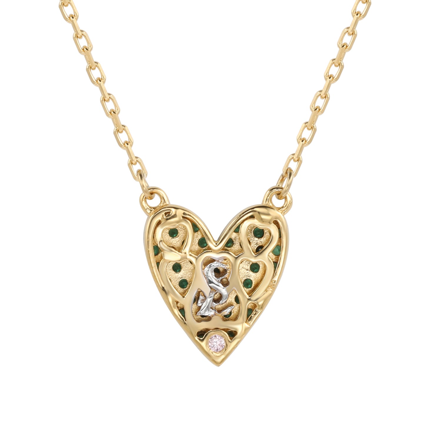 Suzy Levian Green Cubic Zirconia Golden Sterling Silver Heart Necklace