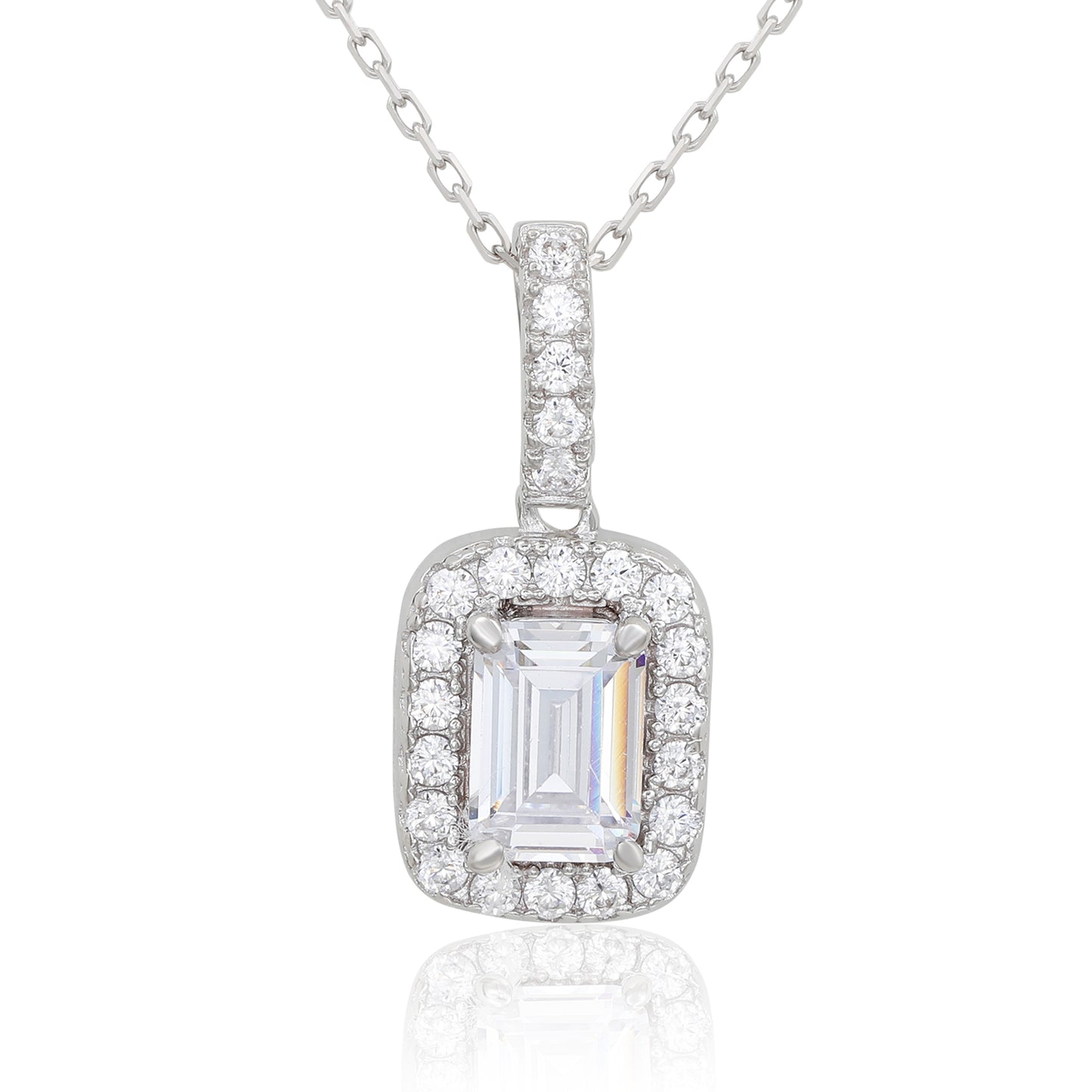 Suzy Levian Sterling Silver Emerald Cut White Cubic Zirconia Halo Pendant