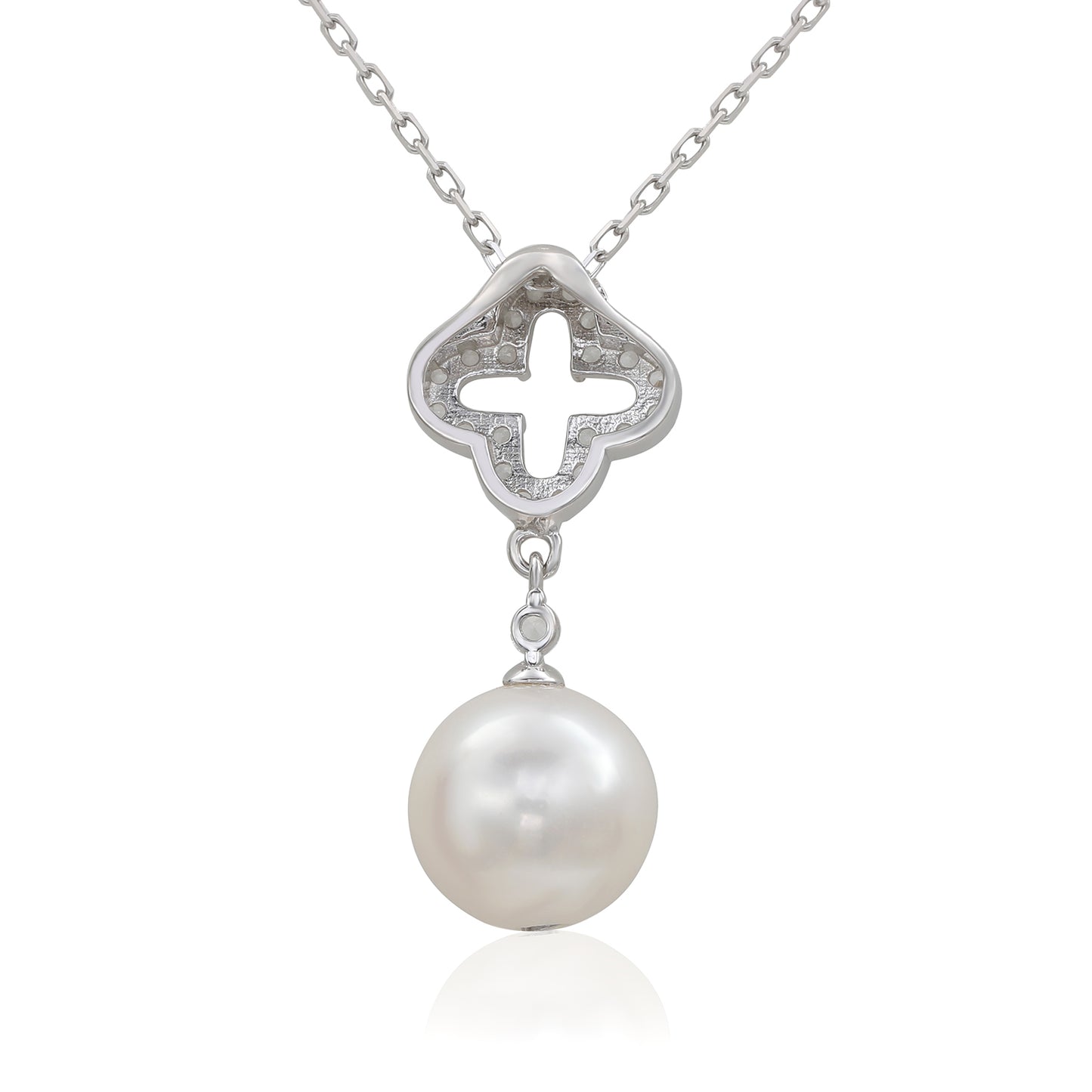 Suzy Levian Sterling Silver Clover White Sapphire and Cultured Pearl Pendant