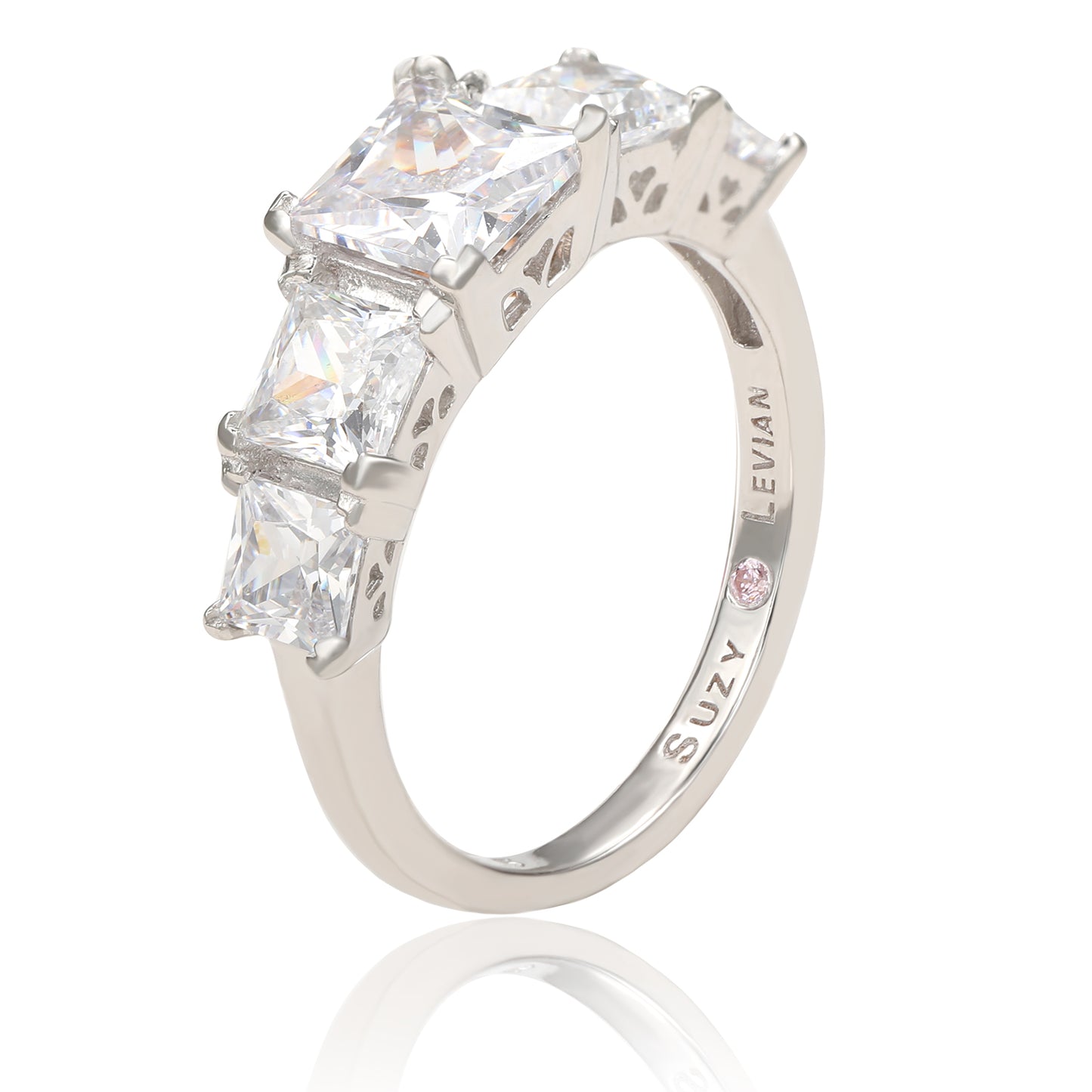 Suzy Levian Sterling Silver Graduating Asscher Cut White Cubic Zirconia Ring