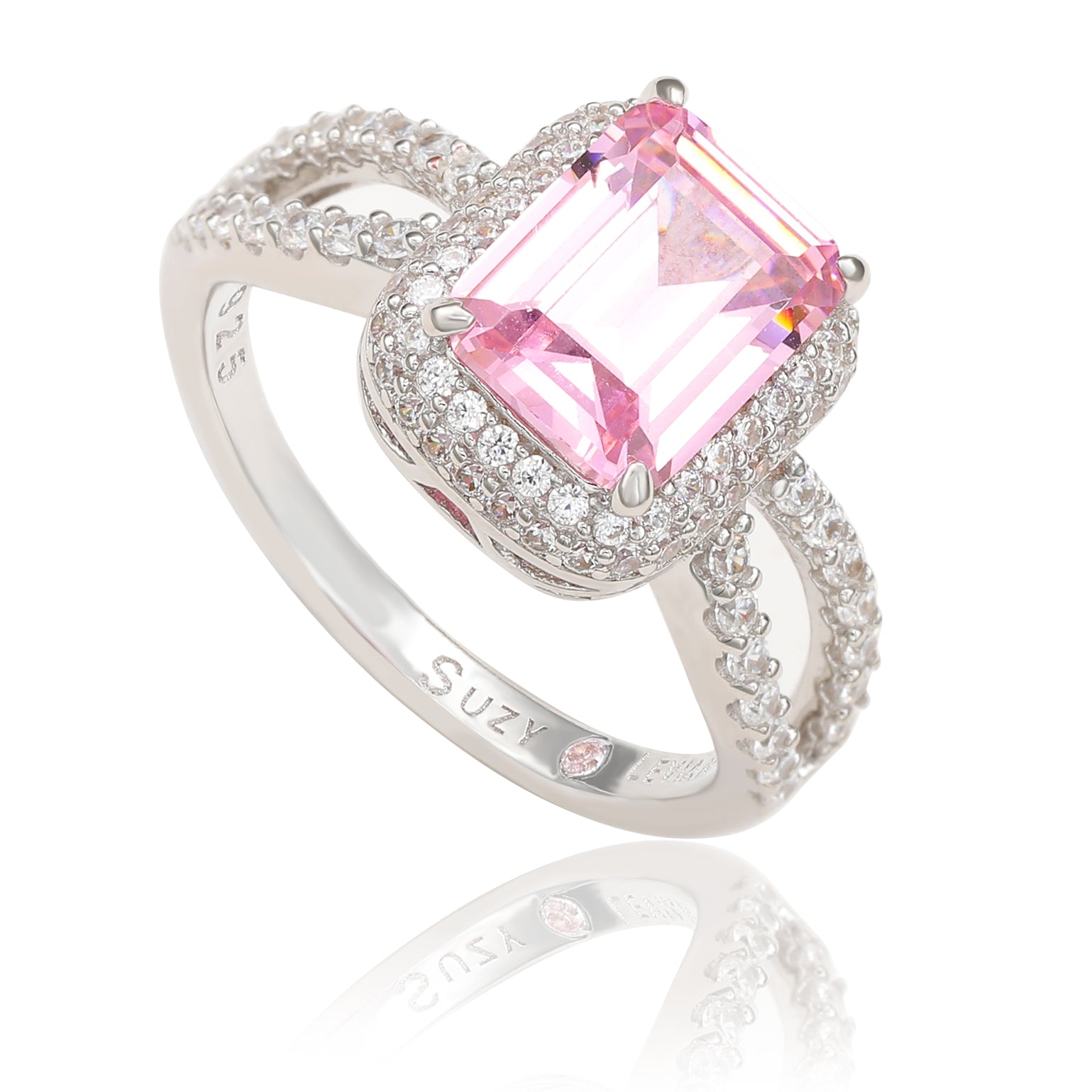 Suzy Levian Sterling Silver Pink Cubic Zirconia Halo Engagement