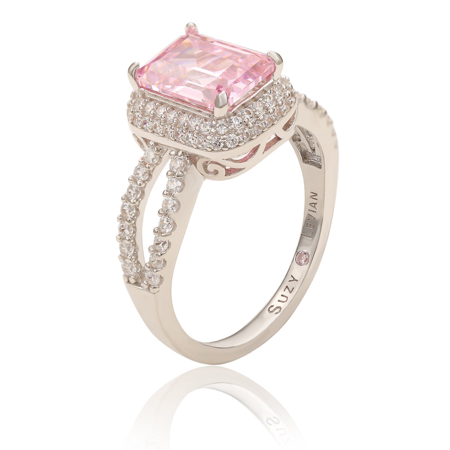 Suzy Levian Sterling Silver Pink Cubic Zirconia Halo Engagement Ring