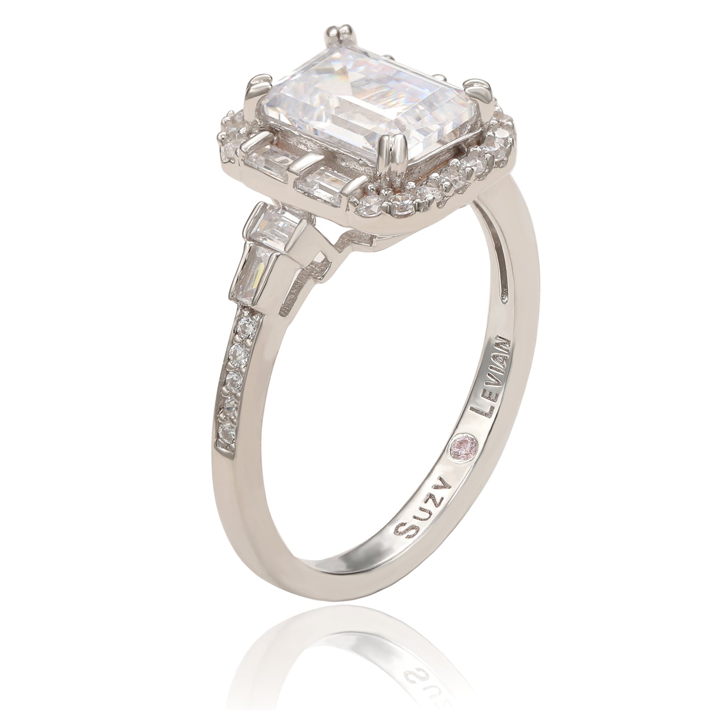 Suzy Levian Sterling Silver Emerald Cut White Cubic Zirconia Engagement Ring
